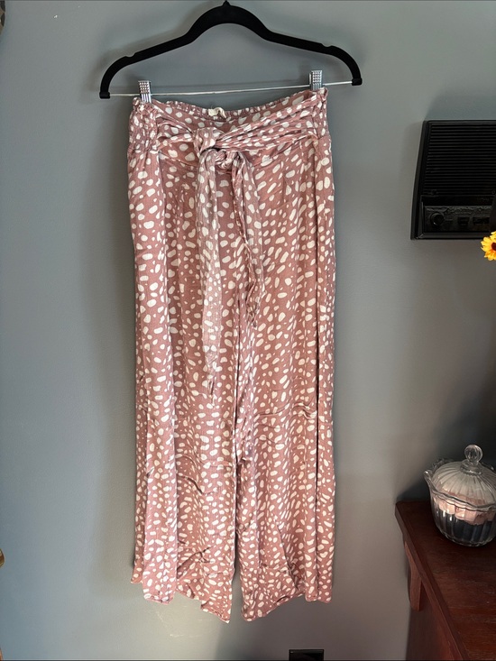 Kori Pants - Kori Dusty Rose Wide Leg Tie-Waist Pants with White Spot Print